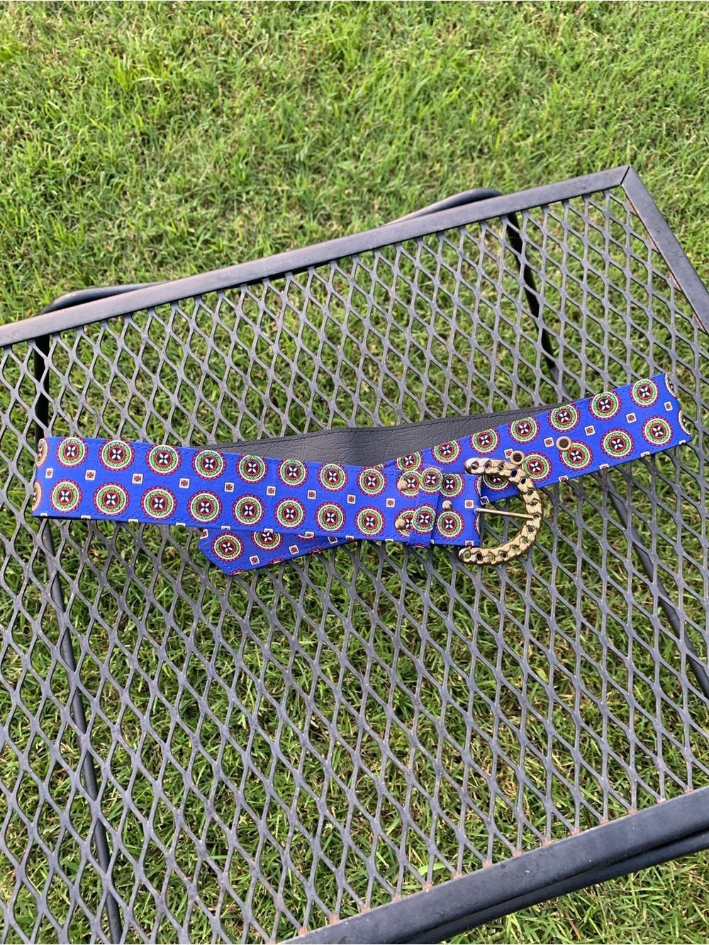 Vintage Blue Patterned Belt with Gold Chain Buckle